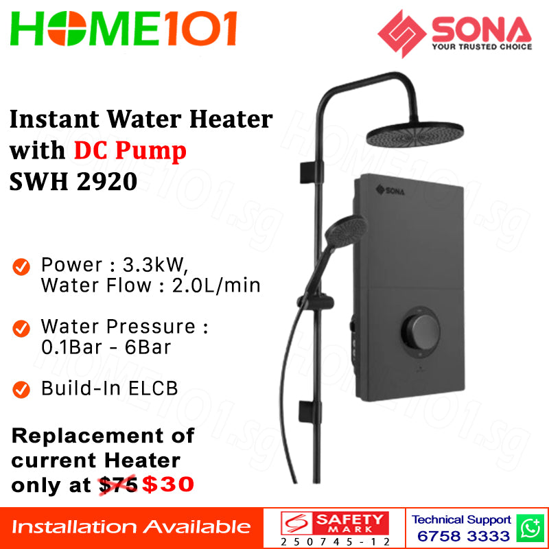 Sona Instant Water Heater with DC Pump SWH 2920