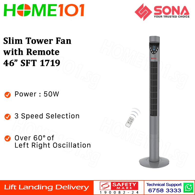 Sona Slim Tower Fan With Remote Control 50w 46Inch SFT 1719