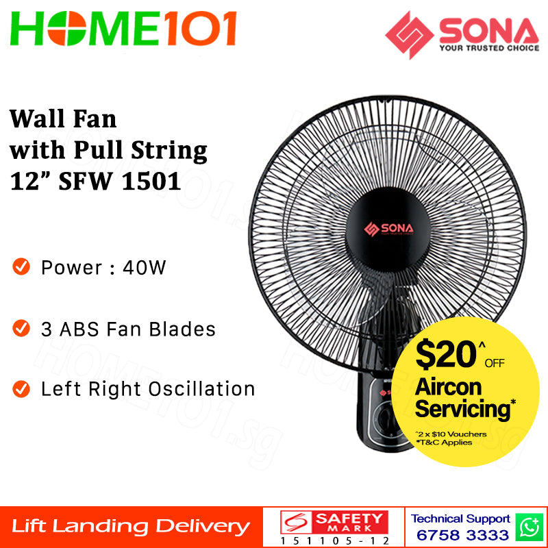 Sona Wall Fan With 2 Pull Strings 12 Inch SFW 1501