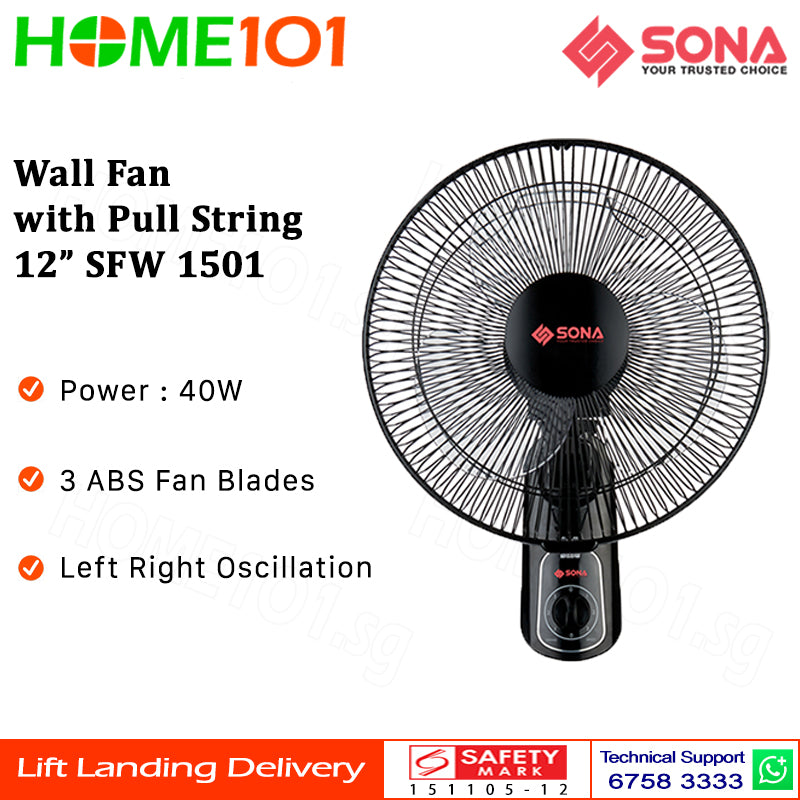 Sona Wall Fan With 2 Pull Strings 12 Inch SFW 1501