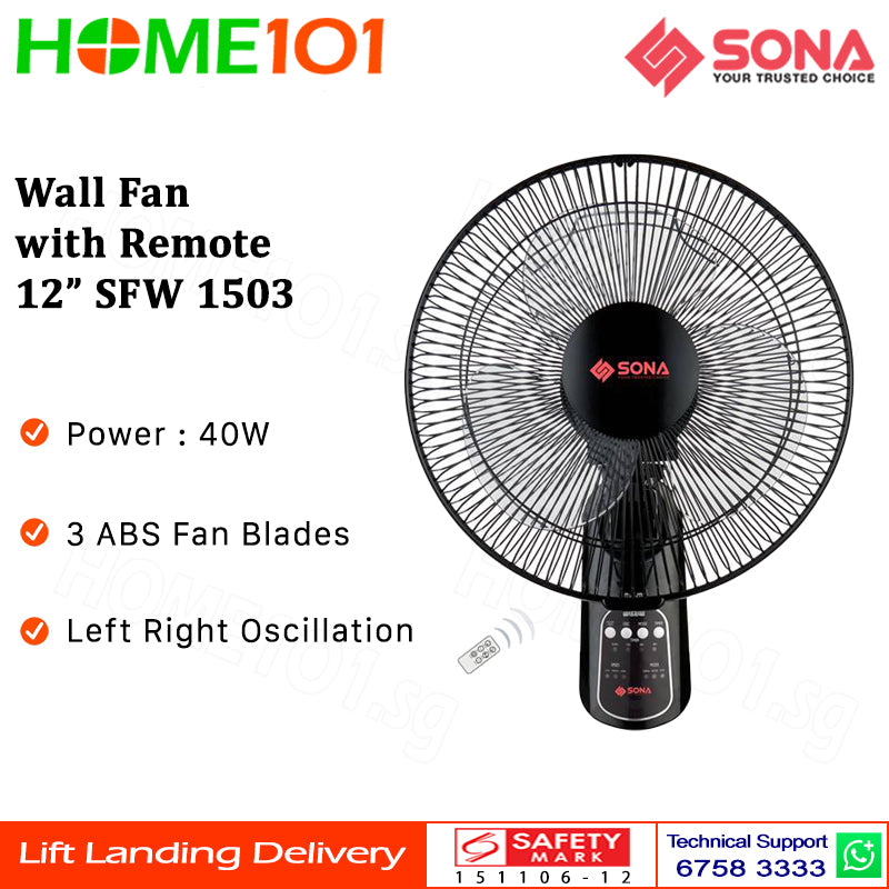 Sona Wall Fan with Remote Control 12" SFW 1503