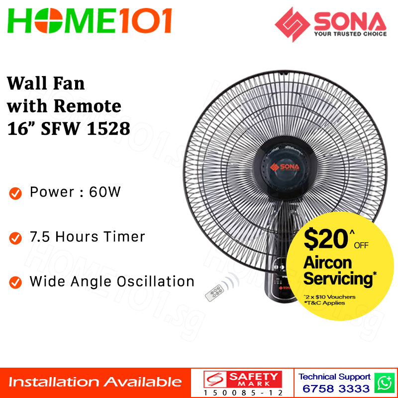 Sona Wall Fan with Remote Control 16" SFW 1528