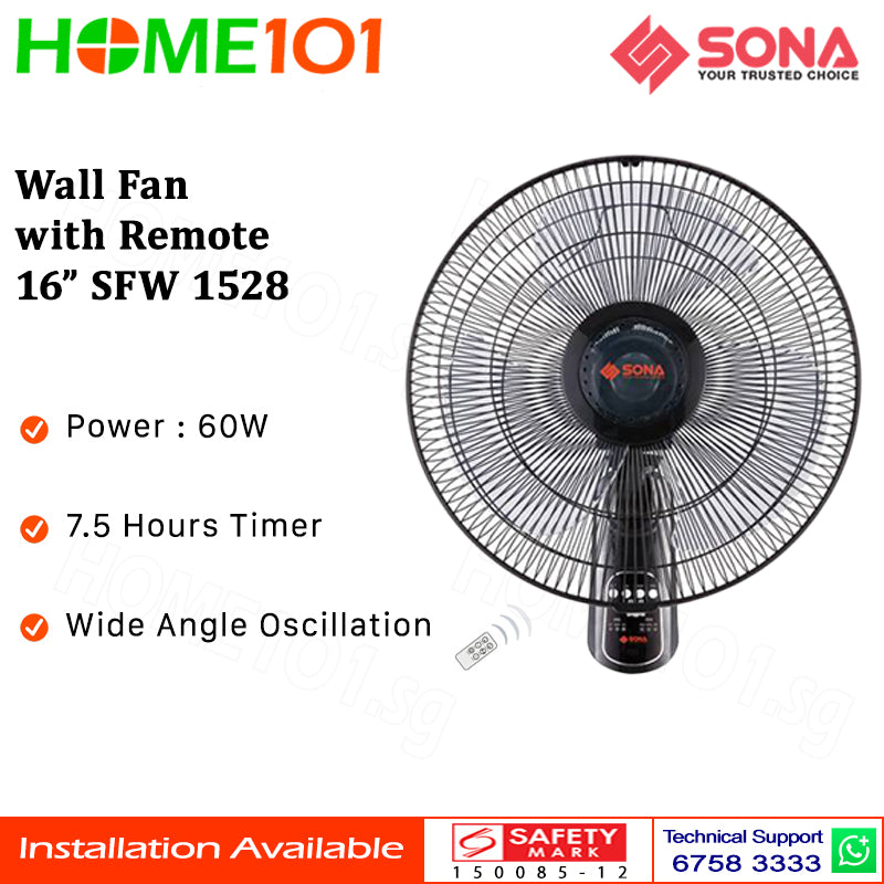 Sona Wall Fan with Remote Control 16" SFW 1528
