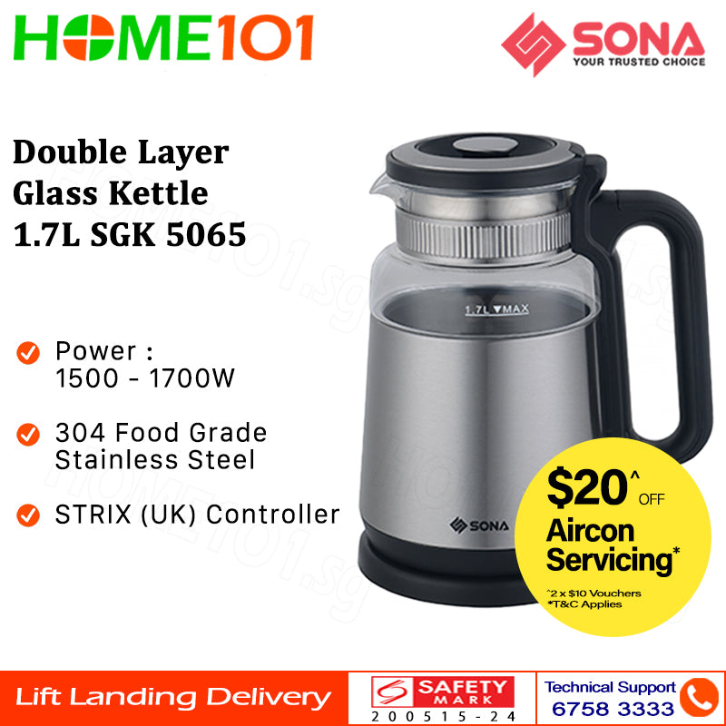 Sona Double Layer Glass Kettle 1.7L SGK 5065