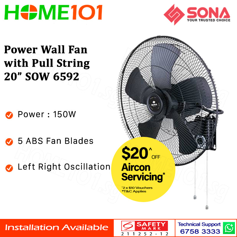 Sona Power Wall Fan with Pull String 20" SOW 6592 | SOW6592