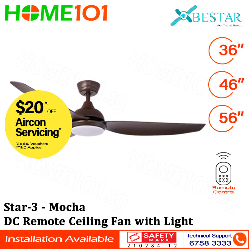 Bestar (Pre-Order) DC Motor Ceiling Fan with Remote Control & Light 36”/46”/56” Star-3