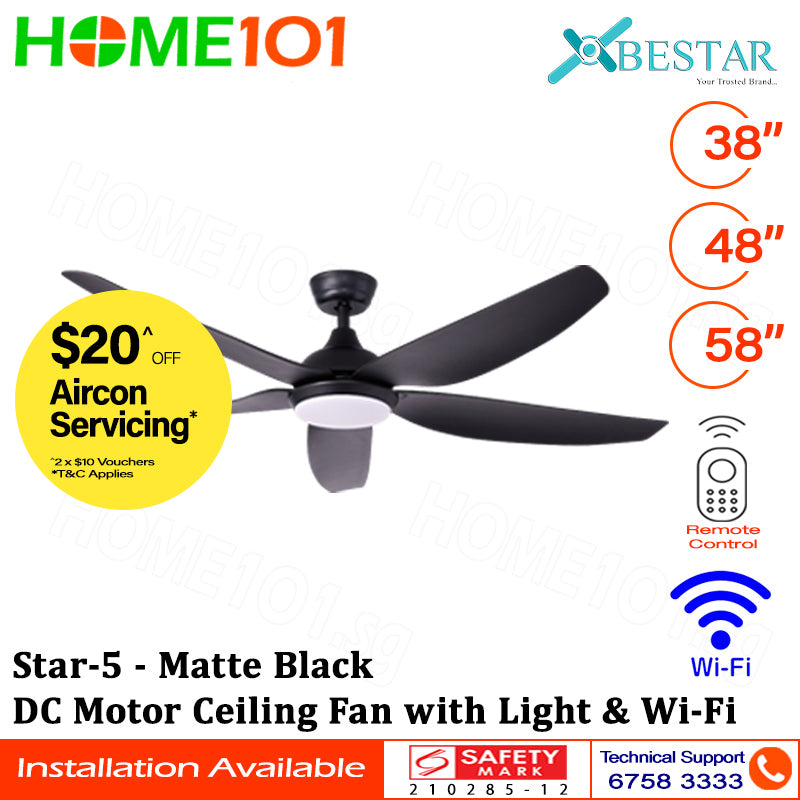 Bestar DC Motor Ceiling Fan with Remote Control, Light & WiFi 38”/48”/58” Star-5