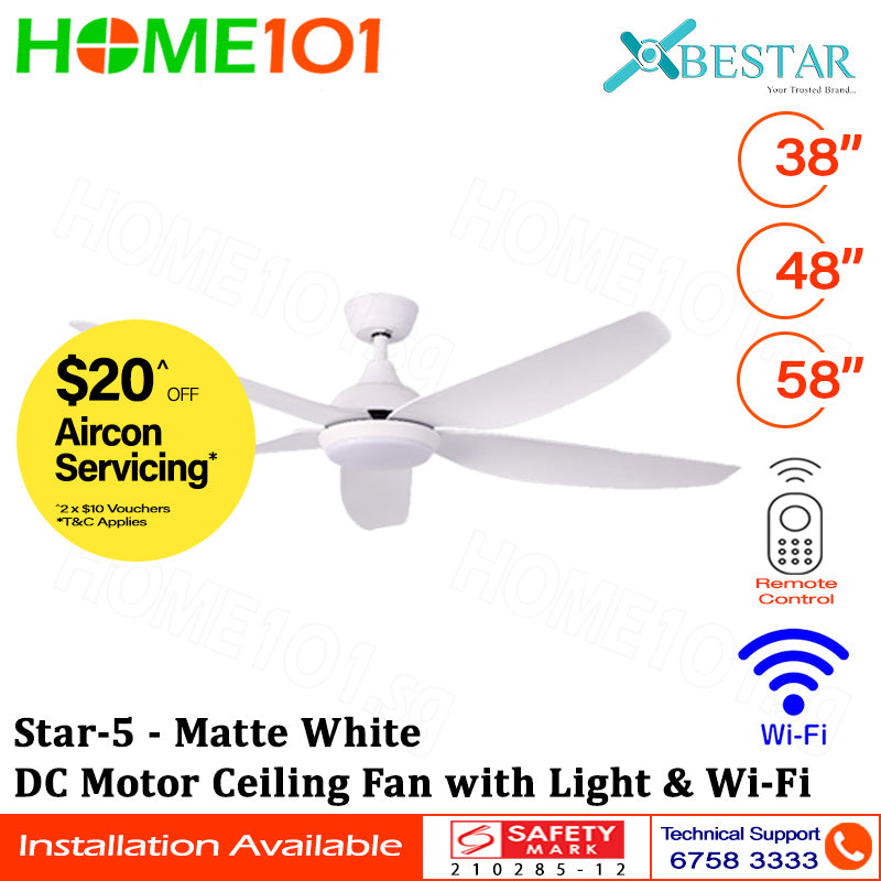 Bestar DC Motor Ceiling Fan with Remote Control, Light & WiFi 38”/48”/58” Star-5