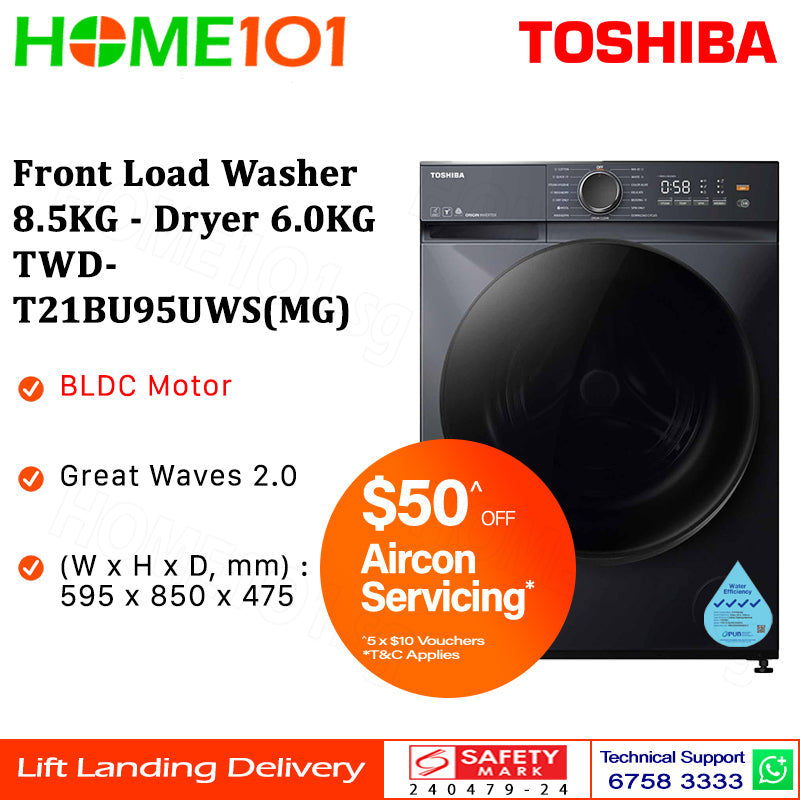Toshiba Front Load Washer 8.5KG - Dryer 6.0KG TWD-T21BU95UWS(MG)