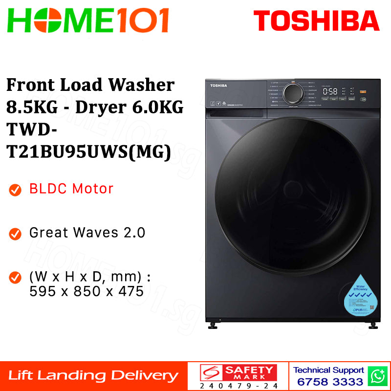Toshiba Front Load Washer 8.5KG - Dryer 6.0KG TWD-T21BU95UWS(MG)