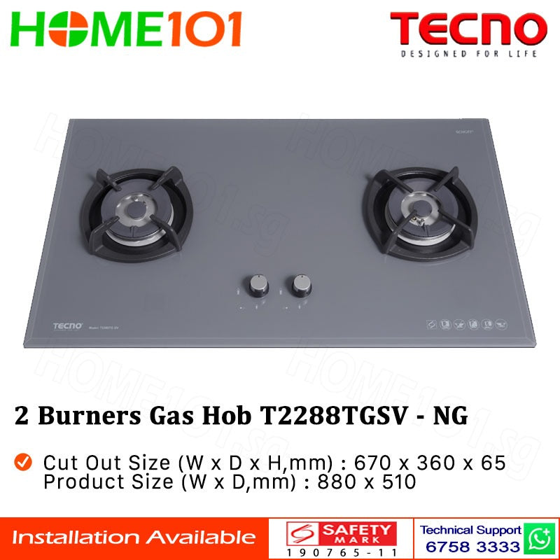 Tecno Glass Cooker Hob 2 Burners T2288TGSV - LPG / PUB - FREE INSTALLATION