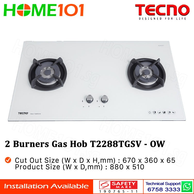 Tecno Glass Cooker Hob 2 Burners T2288TGSV - LPG / PUB - FREE INSTALLATION