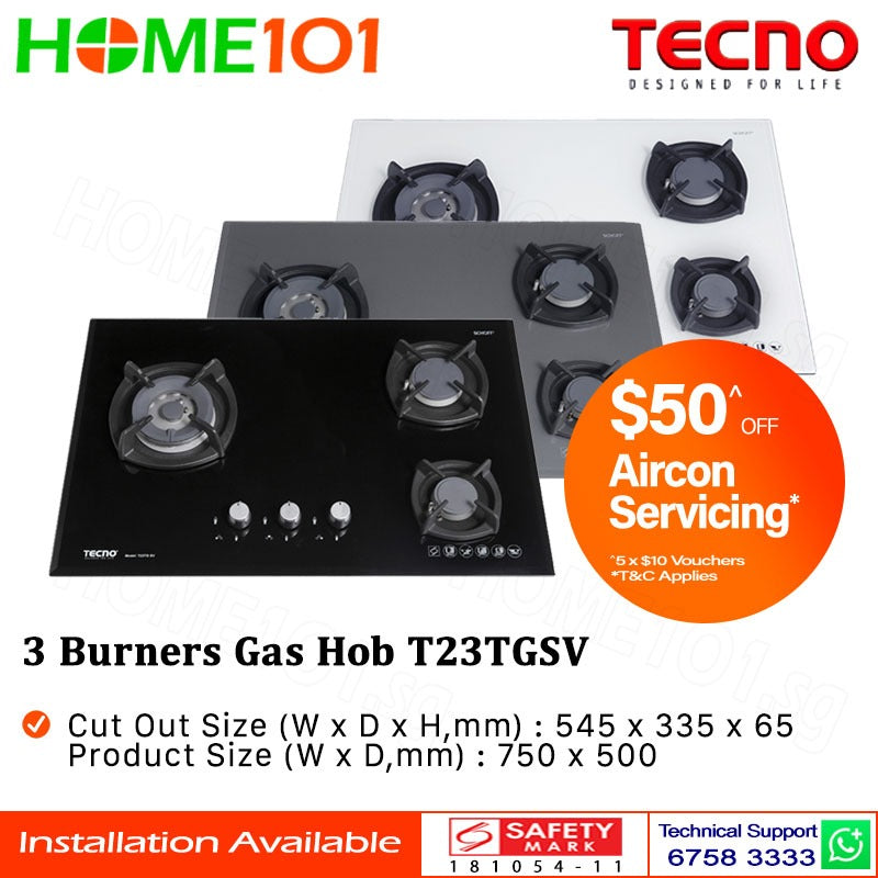 Tecno Glass Cooker Hob 3 Burners T23TGSV - LPG / PUB - FREE INSTALLATION