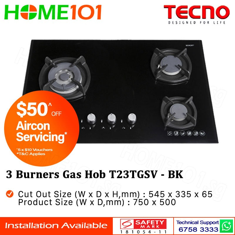 Tecno Glass Cooker Hob 3 Burners T23TGSV - LPG / PUB - FREE INSTALLATION