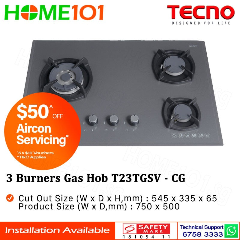 Tecno Glass Cooker Hob 3 Burners T23TGSV - LPG / PUB - FREE INSTALLATION