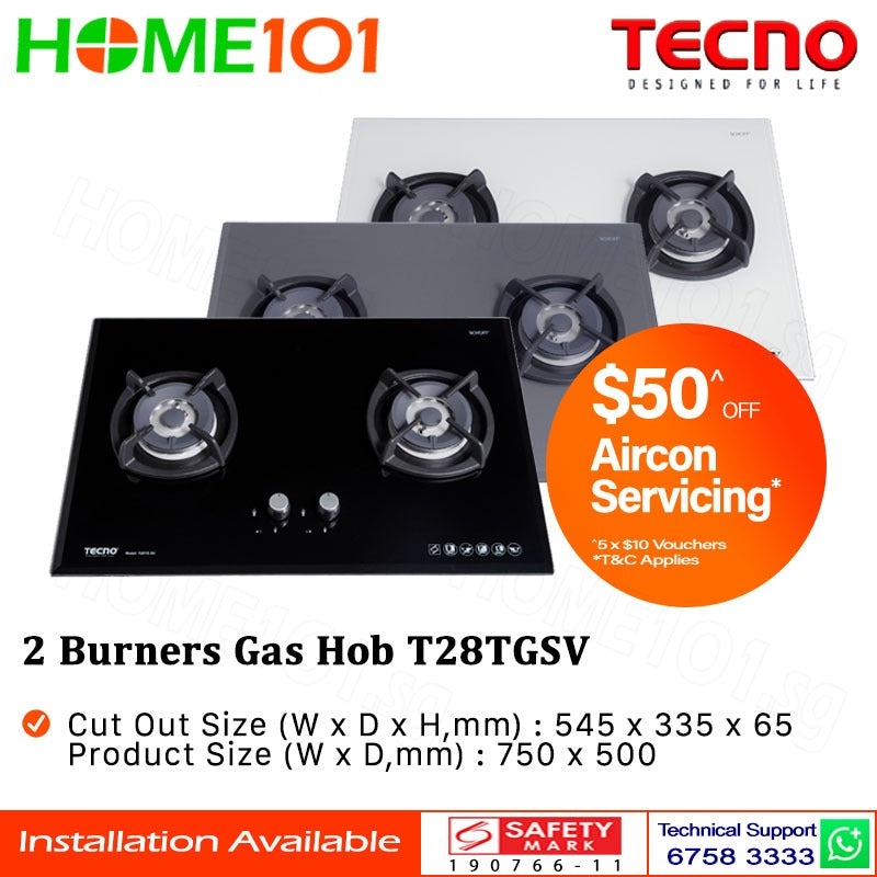 Tecno Glass Cooker Hob 2 Burners T28TGSV - LPG / PUB - FREE INSTALLATION