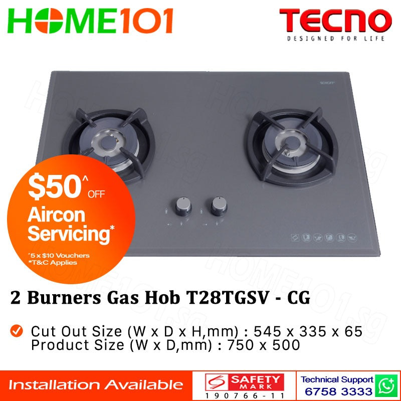 Tecno Glass Cooker Hob 2 Burners T28TGSV - LPG / PUB - FREE INSTALLATION