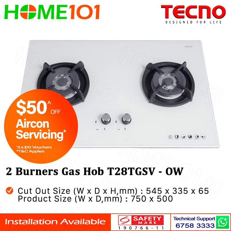 Tecno Glass Cooker Hob 2 Burners T28TGSV - LPG / PUB - FREE INSTALLATION