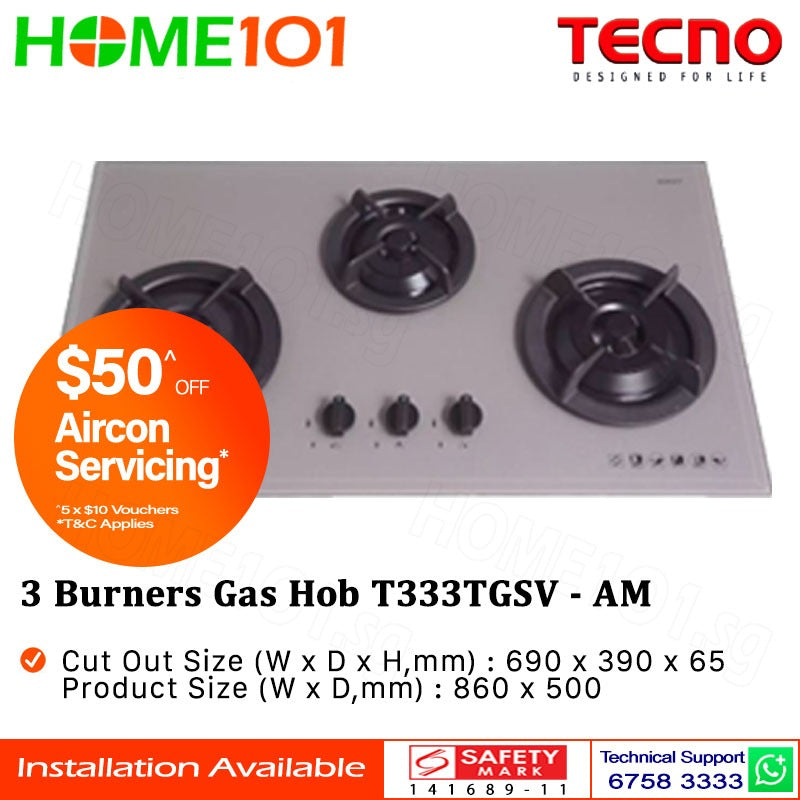 Tecno Tempered Glass Cooker Hob 3 Burners T333TGSV LPG/PUB - FREE INSTALLATION