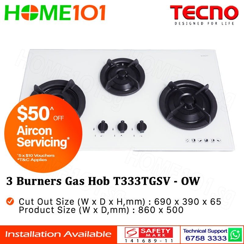 Tecno Tempered Glass Cooker Hob 3 Burners T333TGSV LPG/PUB - FREE INSTALLATION