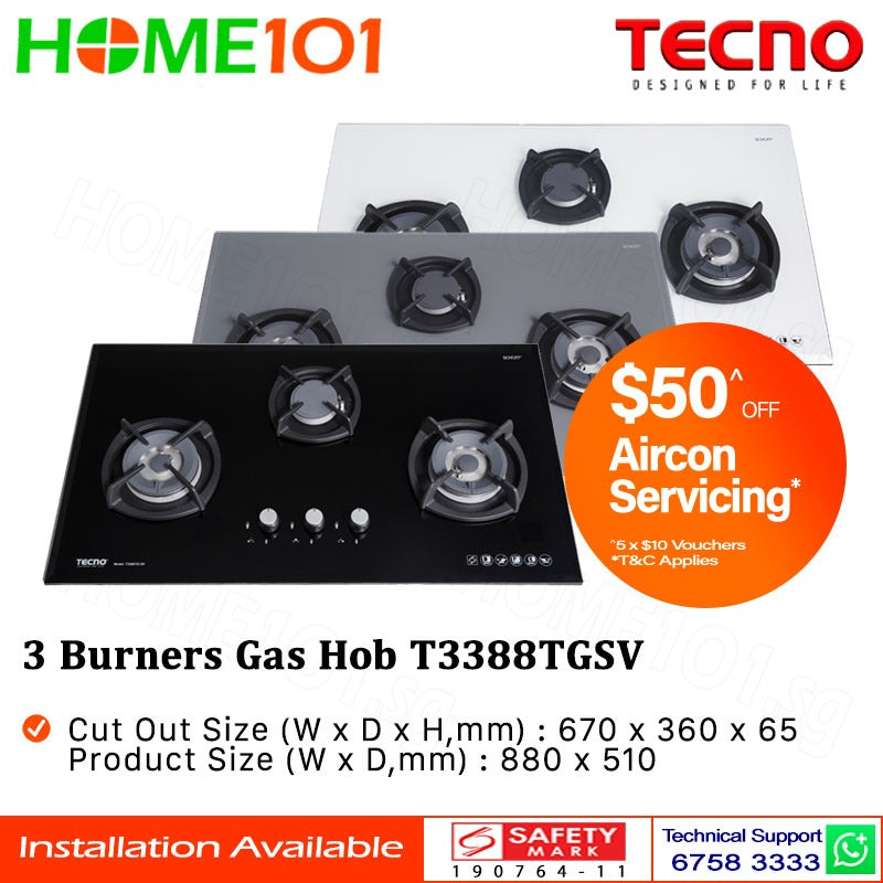 Tecno Glass Cooker Hob 3 Burners T3388TGSV - LPG / PUB - FREE INSTALLATION