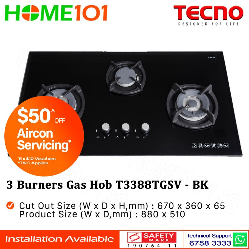 Tecno Glass Cooker Hob 3 Burners T3388TGSV - LPG / PUB - FREE INSTALLATION