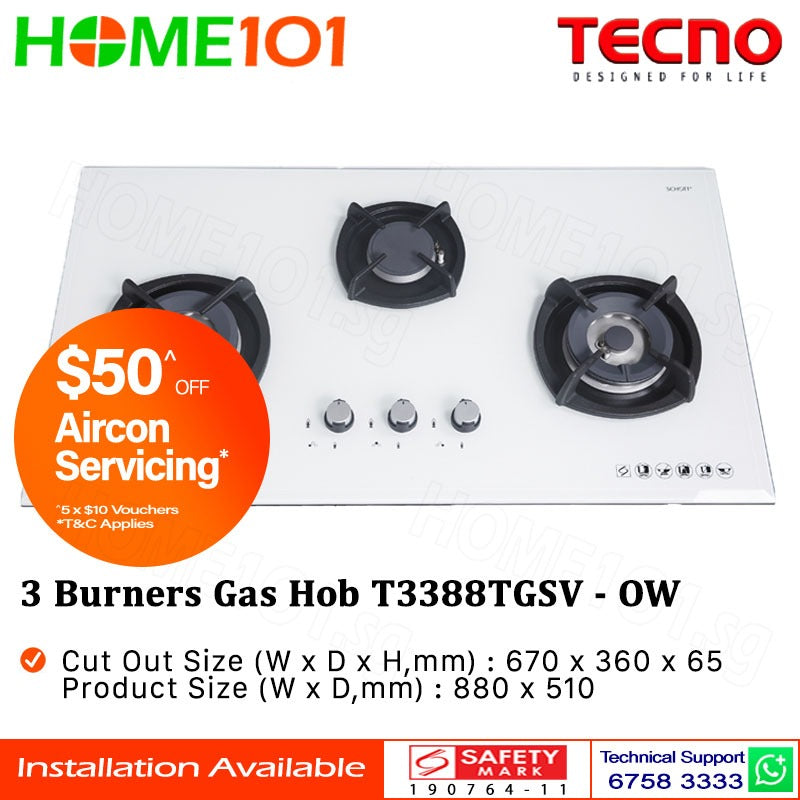 Tecno Glass Cooker Hob 3 Burners T3388TGSV - LPG / PUB - FREE INSTALLATION