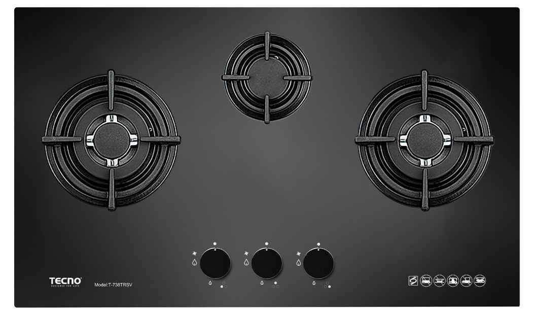 Tecno Tempered Glass Cooker Hob 3 Burners T 738TRSV - LPG / PUB - FREE INSTALLATION