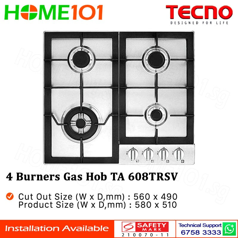 Tecno Stainless Steel Cooker Gas Hob 4 Burners TA 608TRSV || TA608TRSV - LPG / PUB - FREE INSTALLATIO