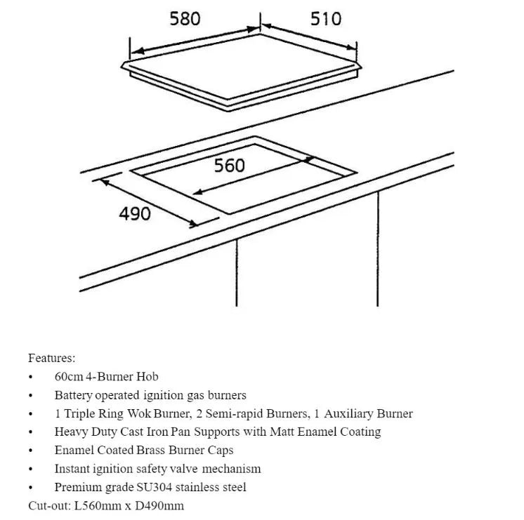 Tecno Stainless Steel Cooker Gas Hob 4 Burners TA 608TRSV || TA608TRSV - LPG / PUB - FREE INSTALLATION