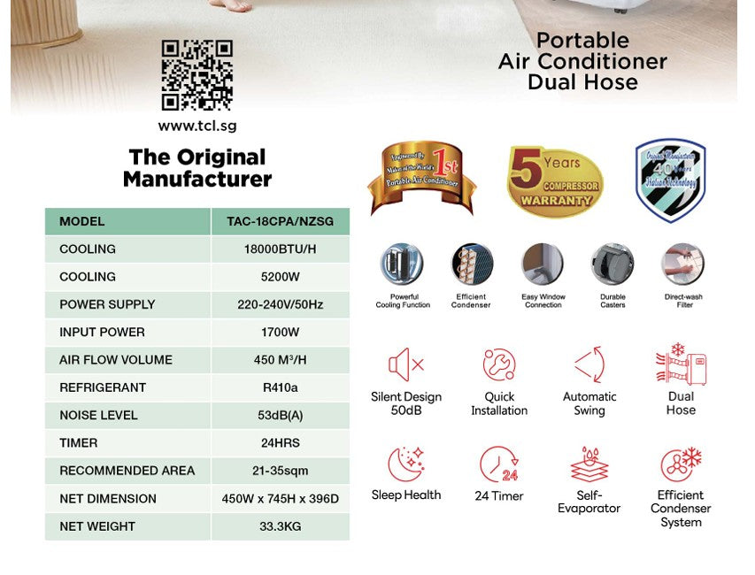 TCL Dual Hose to Single Hose Portable Aircon 18000BTU TAC-18CPA/NZSG