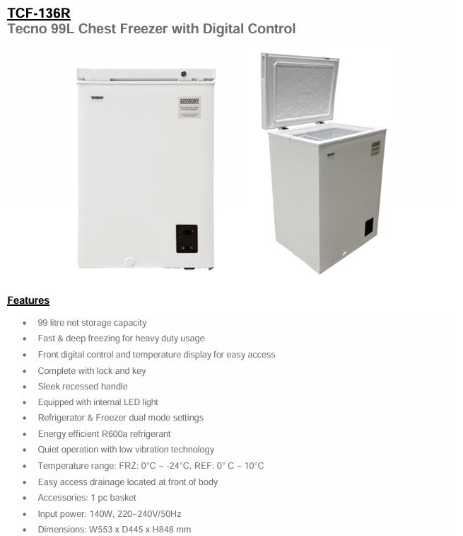 Tecno Chest Freezer with Digital Control 99L TCF 136R | TCF136R