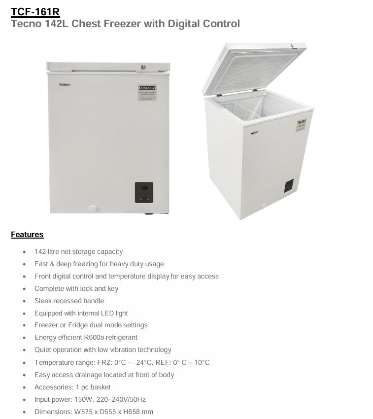 Tecno Chest Freezer with Digital Control 142L TCF 161R | TCF161R