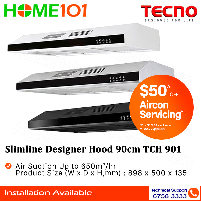 Tecno Slim Line Designer Hood 90cm TCH 901 SS / BK / WH