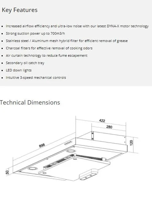 Tecno Slimline Hood with Dyna-X Motor 90cm TCH 929DP