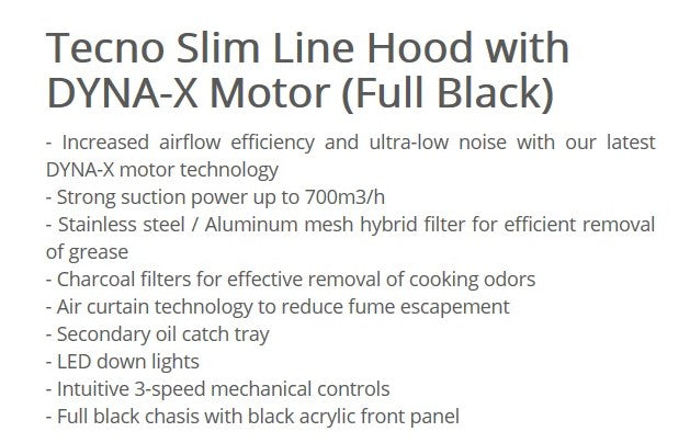 Tecno Slim Line Hood with Dyna-X Motor 90cm TCH 929DP - Black