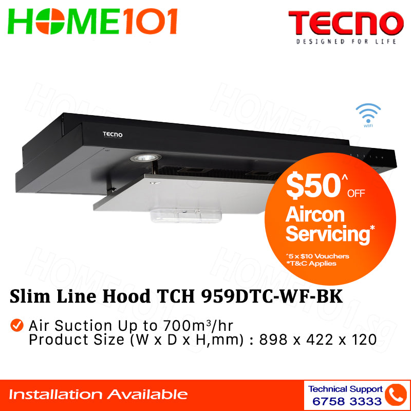 Tecno Slimline Hood with DYNA-X Motor & WI-FI 90cm TCH 959DTC-WF-BK