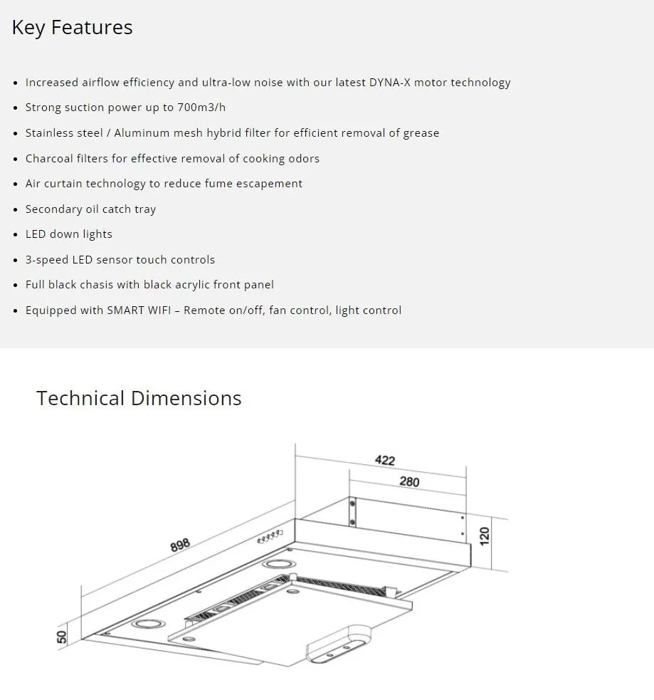 Tecno Slimline Hood with DYNA-X Motor & WI-FI 90cm TCH 959DTC-WF-BK