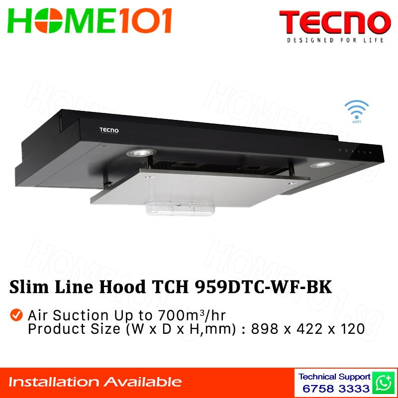 Tecno Slimline Hood with DYNA-X Motor & WI-FI 90cm TCH 959DTC - WF - BK
