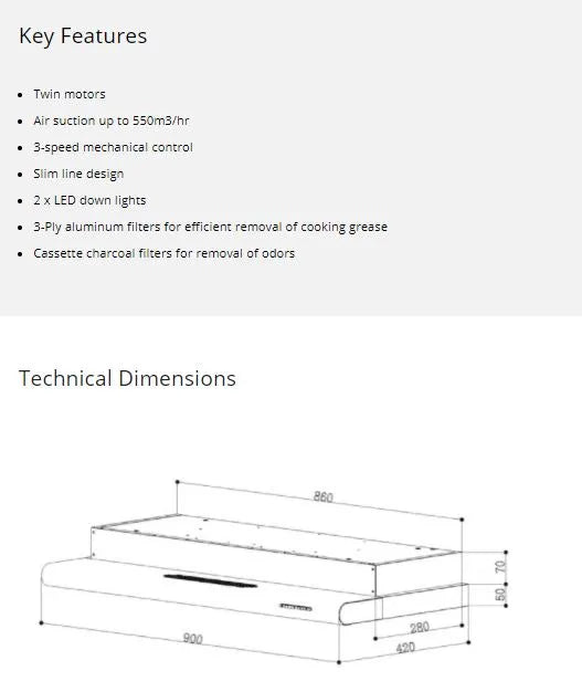 Tecno Slim Line Cooker Hood 90cm TH 958TL || TH 958TL