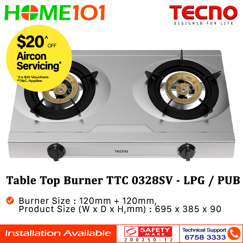 Tecno Double Burner Table Top Gas Cooker TTC-0328SV