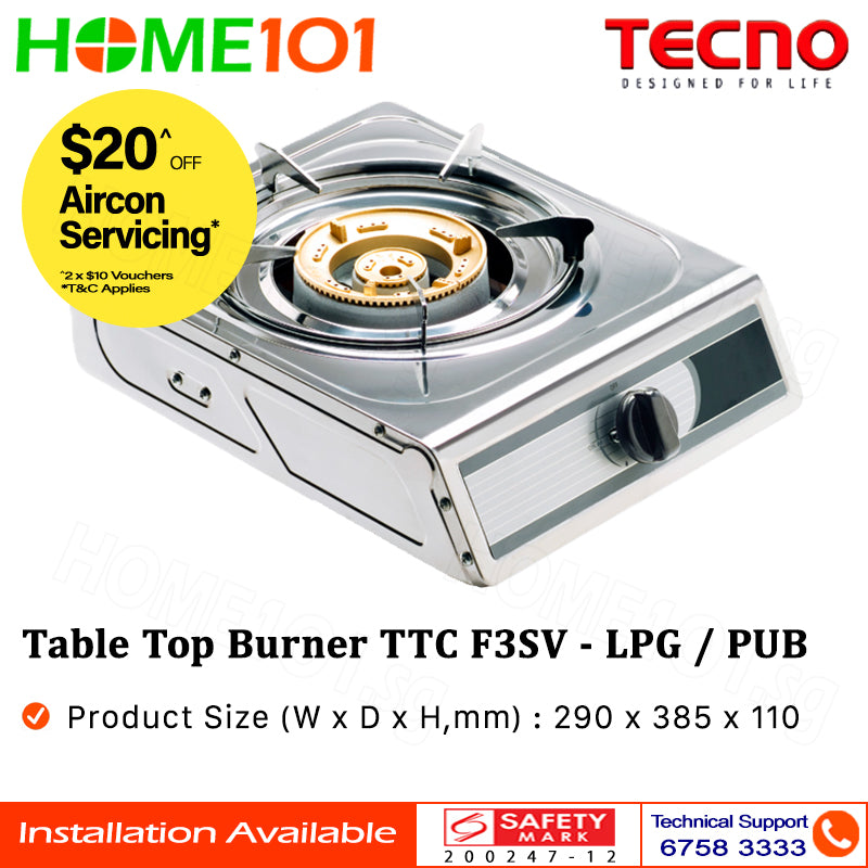 Tecno Single Burner Stainless Steel Table Top Gas Cooker TTC-F3SV