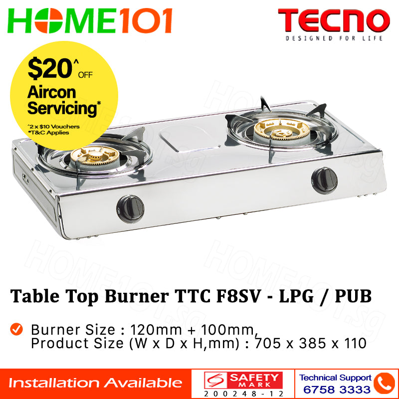 Tecno Double Burner Stainless Steel Table Top Gas Cooker TTC-F8SV | TTC F8SV