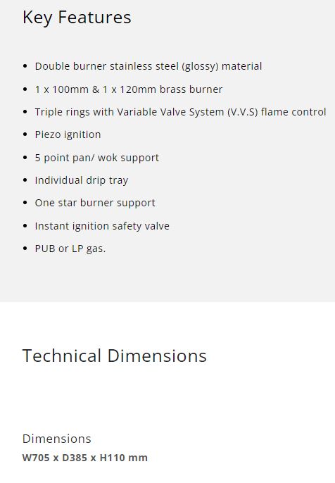 Tecno Double Burner Stainless Steel Table Top Gas Cooker TTC-F8SV | TTC F8SV