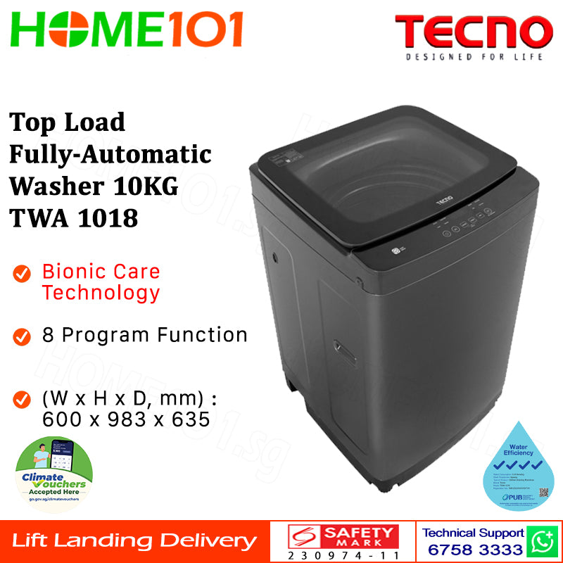 Tecno Top Load Fully Automatic Washer 10KG TWA 1018