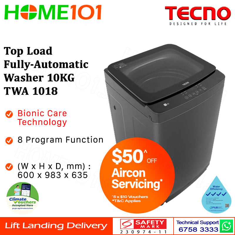 Tecno Top Load Fully Automatic Washer 10KG TWA 1018