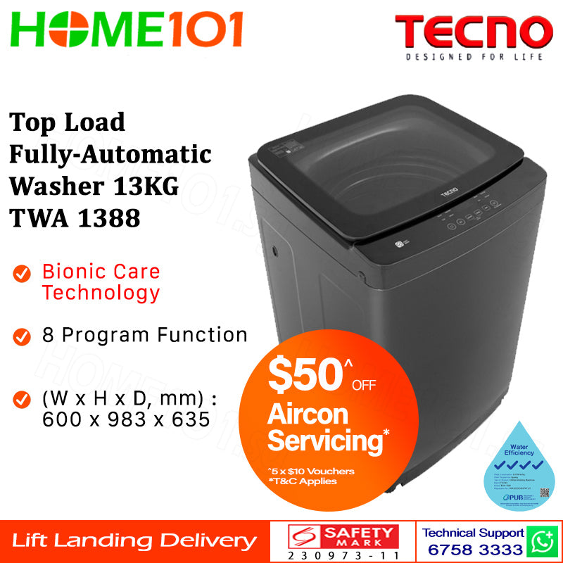 Tecno Top Load Fully Automatic Washer 13KG TWA 1388