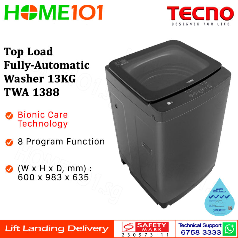 Tecno Top Load Fully Automatic Washer 13KG TWA 1388