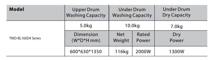 Toshiba Dual Drum Washer 5/10KG (Top & Bottom) - Dryer 7KG (Bottom) TWD-BL160D4S (MG)