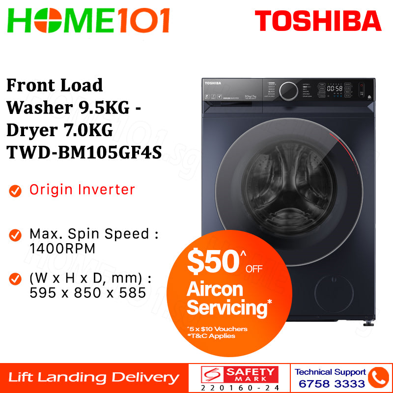 Toshiba Front Load Washer 9.5KG - Dryer 7.0KG TWD-BM105GF4S